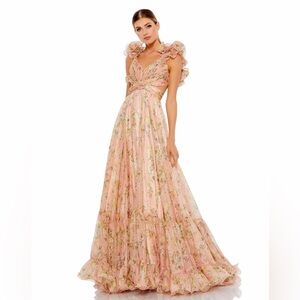 Mac Duggal, Pink, Ruffled Tiered Floral cut-out Chiffon Gown, size 8